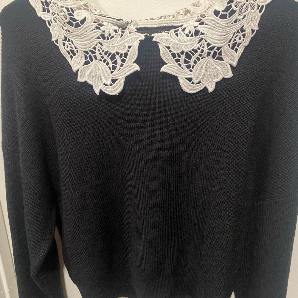 Forever 21 Black and White Crew Neck Sweater with Lace Collar